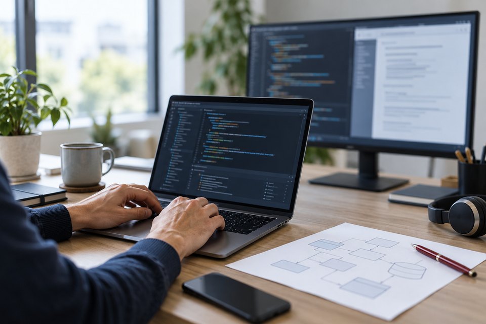 Hands at a laptop beside a monitor showing code and documentation, with an architecture sketch on the desk.