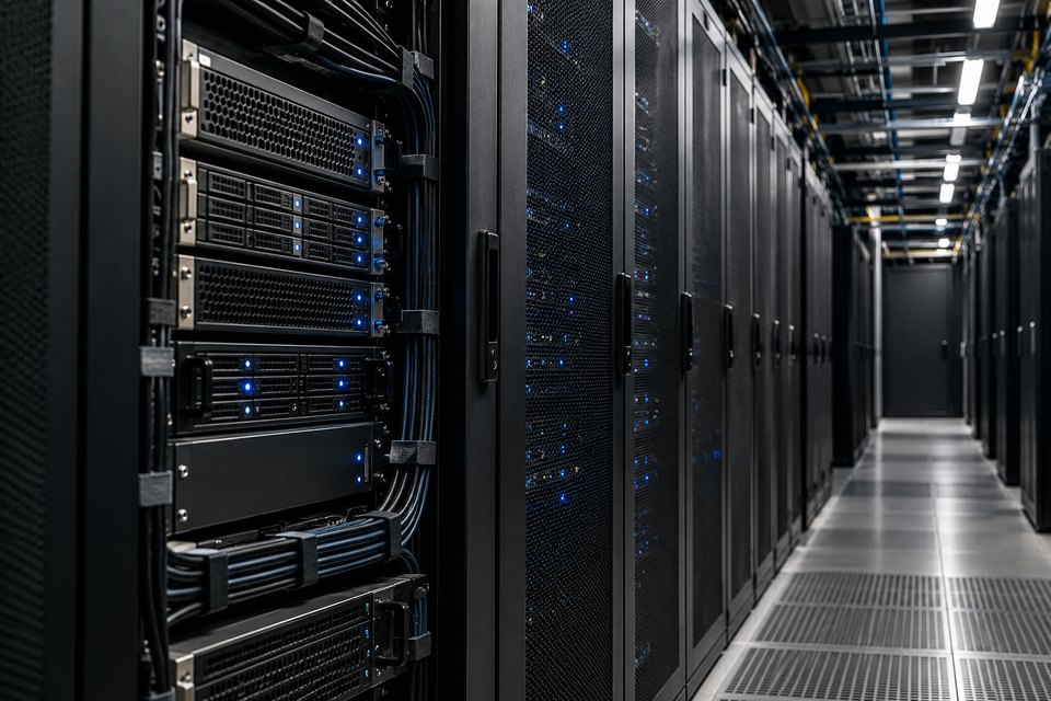 Rows of server racks in a technology environment.