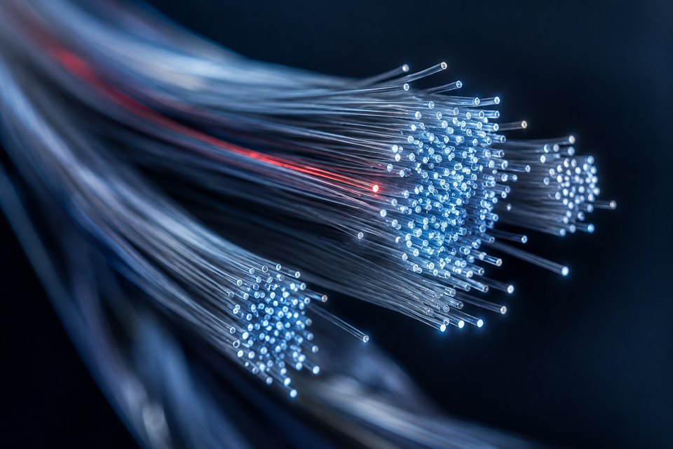 Optical fibers gathered into bundles, with points of light at their ends.