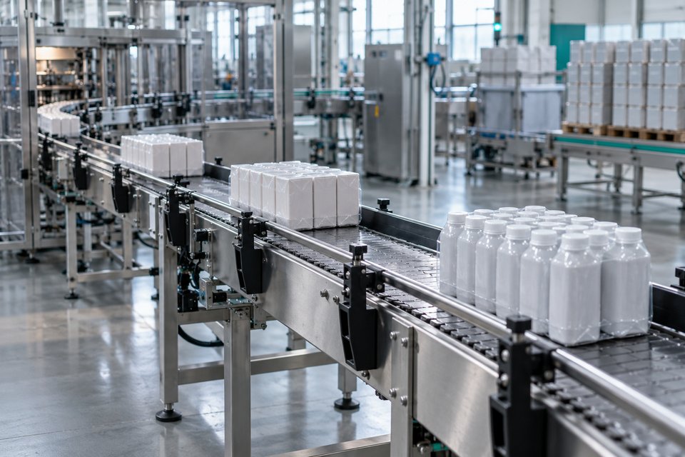 Separated groups of neutral packaged products on one continuous production line.
