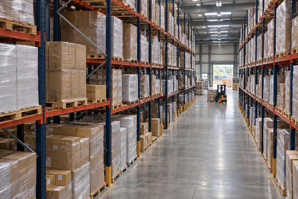 Palletized goods on tall storage racks in a distribution warehouse, with a clear aisle and a forklift in the distance.