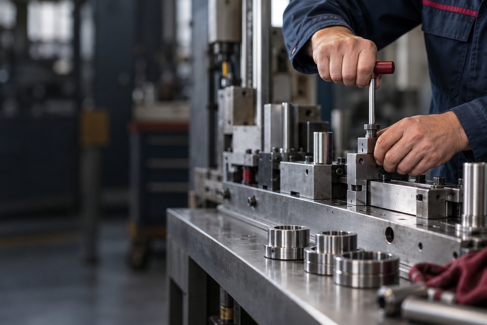 A technician adjusts a production machine during a changeover, with unbranded components nearby.