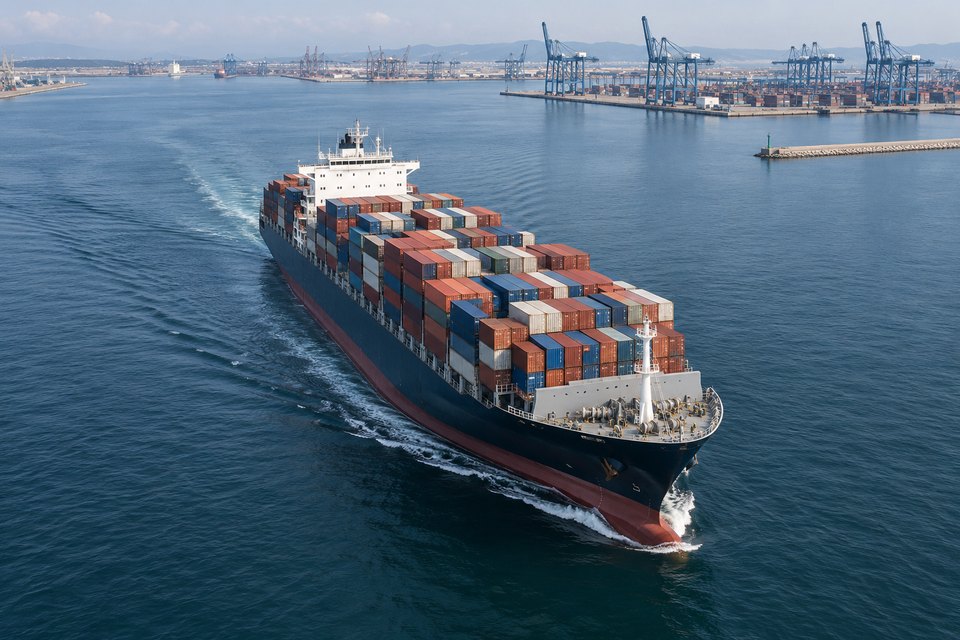 A loaded container ship leaving a port, with cranes and container terminals in the background.