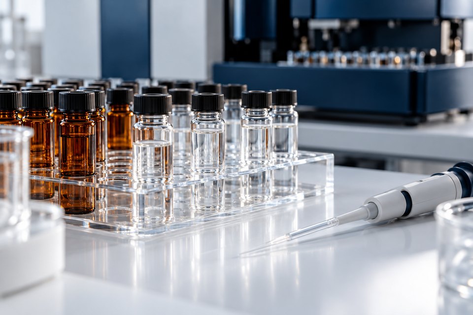 Sample vials and a pipette on a laboratory bench.